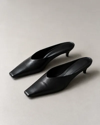 Black square-toe kitten-heel mules
